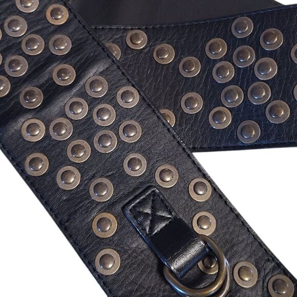 VTG Y2K Black Faux Leather Studded 3" Wide Grunge Belt Size Medium - Picture 6 of 15